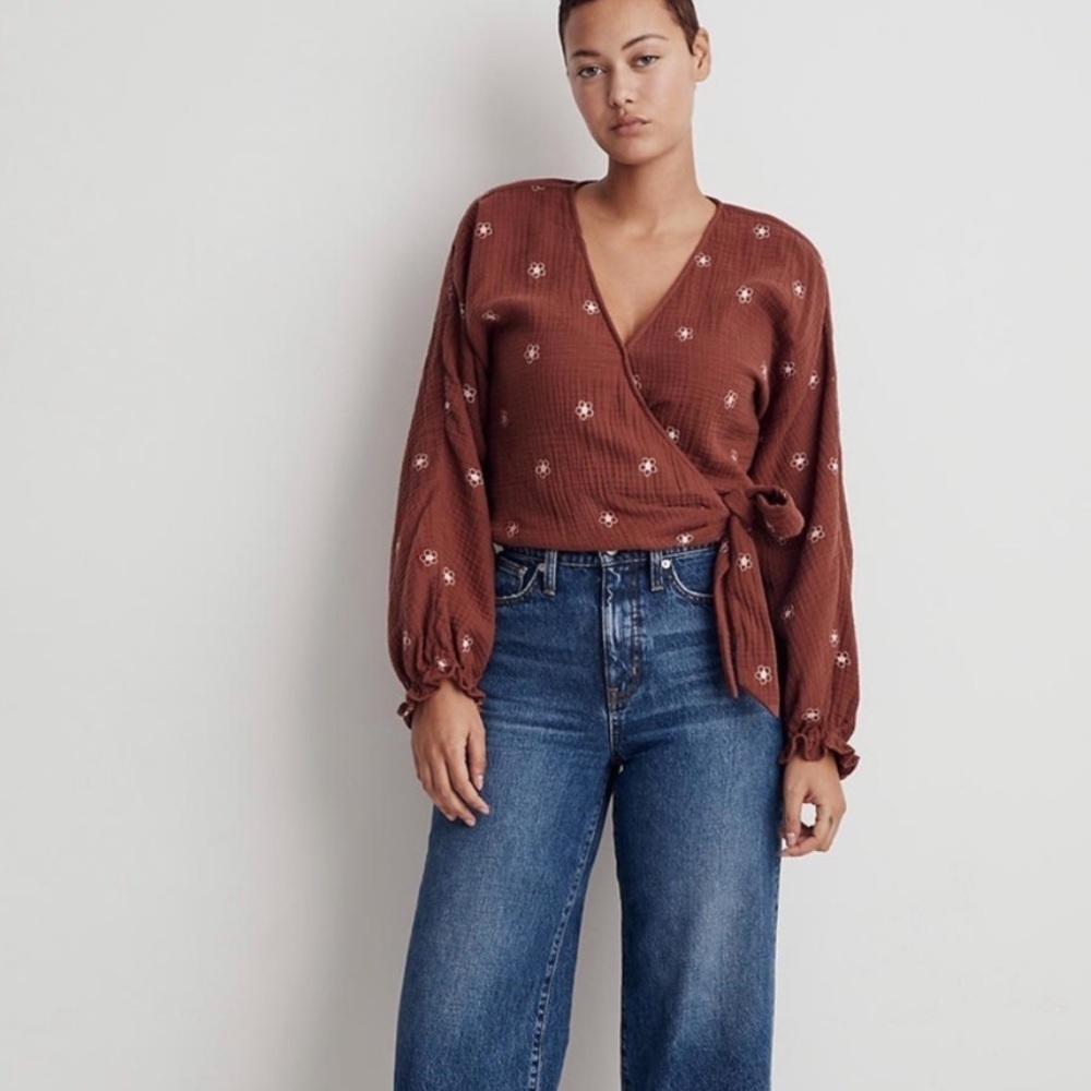 Madewell Maira Lightspun Embroidered Floral Burnished Mahogany Weap Top